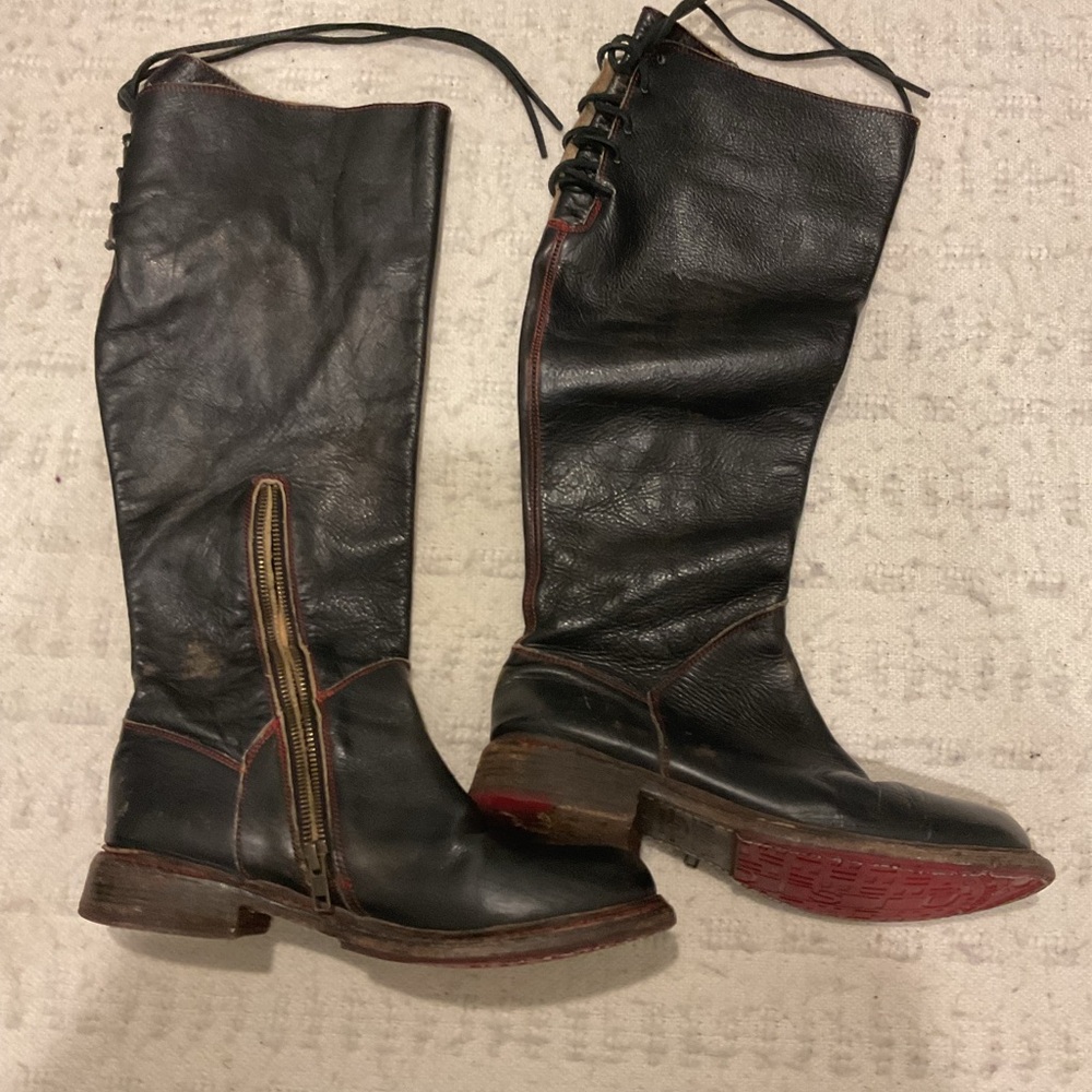 Bed Stu Black Leather Boots with Red Accents